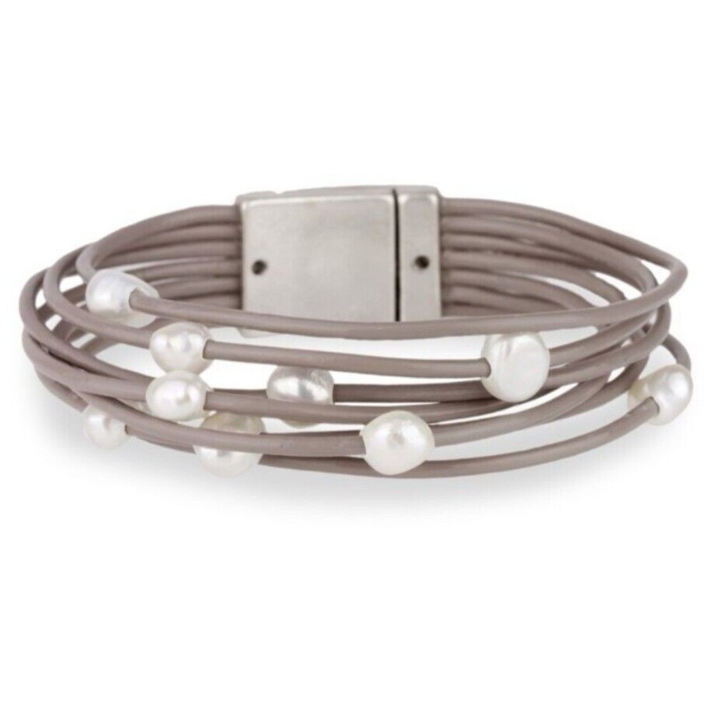 Saachi Wrap Bracelet White Freshwater Pearl Taupe Leather Magnet Clasp NWT